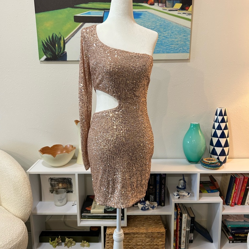 Windsor Rose Gold Sequin One-Shoulder Midi Dress